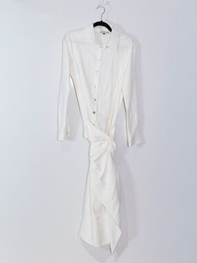 Usisi Sister Roanoke Collared Button Front Tie Twist Knit Shirt Dress White M